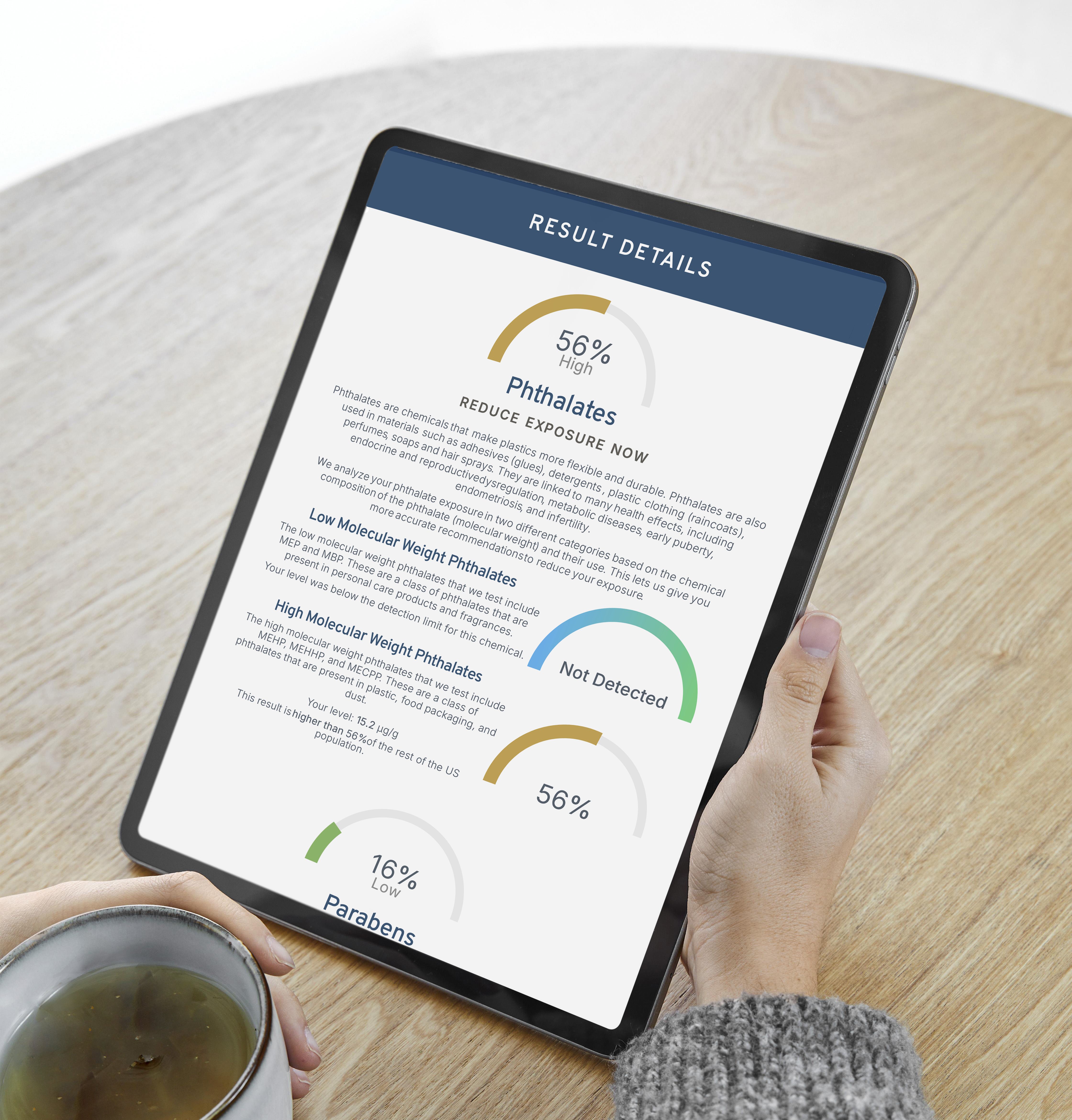 Sample Million Marker exposure test report showing result details on a tablet